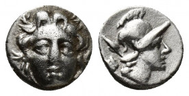 Selge , Pisidia. AR Obol (9mm, 0.9 g) Obv. Facing head of Gorgoneion Rev. Helmeted head of Athena right, astragal behind.