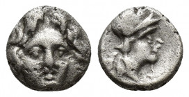 Selge , Pisidia. AR Obol (8.9mm, 1.1 g) Obv. Facing head of Gorgoneion Rev. Helmeted head of Athena right, astragal behind.