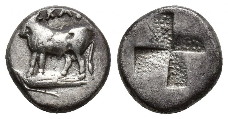 Kalchedon, Bithynia. AR Triobol (12 mm, 2.3 g), c. 386-340 BC. Obv. KAΛX, bull s...