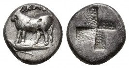 Kalchedon, Bithynia. AR Triobol (12 mm, 2.3 g), c. 386-340 BC. Obv. KAΛX, bull standing left on ear of corn. Rev. Quadratum incusum filled with dots.