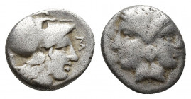 Mysia, Lampsakos. 4th-3rd centuries B.C. AR diobol (10 mm, 1.1 g ). ΛΑ-Μ, head of Athena right, wearing crested Corinthian helmet / Janiform female he...