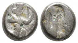 ACHAEMENID PERSIA. Time of Darius I-Xerxes II (485-420 BC). AR (13.5mm, 3.7g). Sardes, ca. 485 BC. Persian king or hero, wearing cidaris and candys, q...