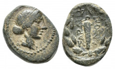 LYDIA. Sardes. 2nd-1st c. B.C. AE. (15mm, 3.8 g) Laureate head of Apollo. Rev. ΣΑΡΔΙ-ΑΝΩΝ Club, below, monogram; whole in oak wreath.