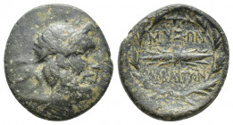 Phrygia, Abbaitis Æ (19mm, 5.1g ) 2nd century BC. Laureate head of Zeus to right / Thunderbolt, ΜΥΣΩΝ above, ΑΒΒΑΙΤΩΝ ; all within oak wreath....