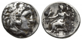 Kings of Macedon, Philip III Arrhidaios (323-317 BC). AR Drachm (17mm, 4.2g ). In the name and types of Alexander III. Kolophon, c. 322-319 BC. Head o...