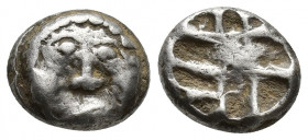 Parion, Mysia. AR Drachm (13 mm, 3.5 g), c. 500-475 BC. Obv. Facing Gorgoneion. Rev. Incuse punch with rough cruciform design.