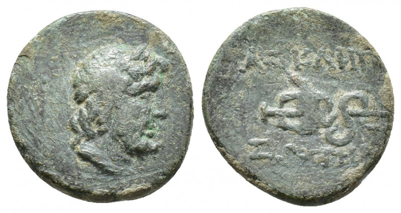 Mysia, Pergamon. Ca. 133-27 B.C. AE (17 mm, 3.1 g ). Laureate head of Asklepios ...