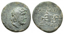 Mysia, Pergamon. Ca. 133-27 B.C. AE (17 mm, 3.1 g ). Laureate head of Asklepios right / AΣKΛHΠIOΣ ΣΩTHPOΣ, serpent-entwined staff of Asklepios.