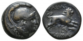 Thracian Kingdom. Lysimachos. As King, 306-281 B.C. Æ (17 mm, 5.60 g ). Uncertain Macedonian mint. Helmeted head of Athena right / ΒAΣIΛEΩΣ ΛΥΣΙΜΑΧΟY,...