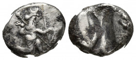 ACHAEMENID PERSIA. Time of Darius I-Xerxes II (ca. 485-420 BC). AR siglos (16mm, 4.7 g). Sardes. Persian king or hero, wearing cidaris and candys, qui...