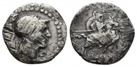Phrygia. Kibyra 166-84 BC. Drachm AR (17.5 mm., 3,00 g). Young male head right, wearing crested helmet / Helmeted and cuirassed horseman galloping rig...