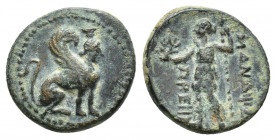 Pamphylia. Perge circa 190 BC. Bronze Æ (13mm., 2.00g ) Sphinx seated right / ИΑΝΑΨΑ[Σ] ΠΡE[IIAΣ] (=ϝΑΝΑΣΣΑΣ ΠΕΡΓΑΙΑΣ), Artemis huntress standing left...