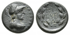 Greek AE (14mm, 3.2 g) helmeted and draped bust of Athena right / three lines within laurel wreath.