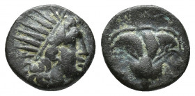 Islands off Caria, Rhodos. Rhodes. Ca. 166-88 BC. AE chalkon (12 mm, 1.4 g). Radiate head of Helios right / P-O, rose with bud to right.