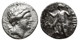 Pamphylia, Perge AR Hemidrachm. Circa 150 BC. (13mm, 2.1 g)( Head of Artemis to right, quiver over shoulder / APTEMIΔ[OΣ ΠEPΓAIA], Artemis standing fa...