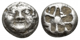 Parion, Mysia. AR Drachm (11.9mm, 3.6 g), c. 500-475 BC. Obv. Facing Gorgoneion. Rev. Incuse punch with rough cruciform design.