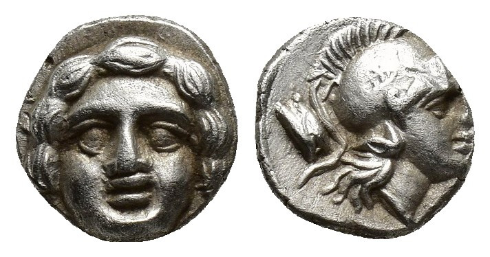 Selge , Pisidia. AR Obol (9mm, 1.00 g) Obv. Facing head of Gorgoneion Rev. Helme...