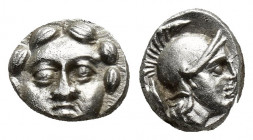 Selge , Pisidia. AR Obol (9mm, 1.00 g) Obv. Facing head of Gorgoneion Rev. Helmeted head of Athena right, astragal behind.