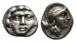 Selge , Pisidia. AR Obol (9mm, 1.1 g) Obv. Facing head of Gorgoneion Rev. Helmeted head of Athena right, astragal behind.
