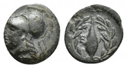 AEOLIS. Elaia. After 340 B.C. Æ. (10 mm, 1.1 g) Head of Athena left wearing a crested Corinthian helmet / A corn grain, E Λ on sides; surrounded by ol...