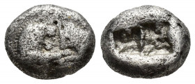 Kings of Lydia. Sardeis Time of Kroisos to Kambyses, circa 560-525 BC.. 1/3 Stater AR (12mm., 3,3g) Confronted foreparts of lion and bull / Two incuse...