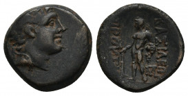KINGS OF BITHYNIA. Prusias II Cynegos (182-149 BC). Ae. (16mm, 3.69g ) Obv: Head right, wearing winged diadem. Rev: BAΣIΛEΩΣ / ΠPOVΣIOV. Herakles stan...