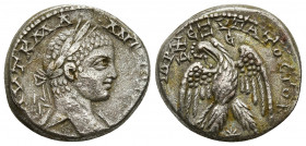 SYRIA, Seleucis and Pieria. Antioch. Elagabalus. 218-222 AD. AR Tetradrachm (24mm, 12.8 g). Laureate head right, ribbon ends about neck / Eagle standi...