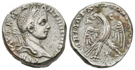 SYRIA, Seleucis and Pieria. Antioch. Elagabalus. 218-222 AD. AR Tetradrachm (22.9mm, 13.3 g). Laureate head right, ribbon ends about neck / Eagle stan...
