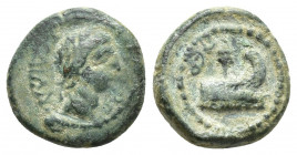 PAMPHYLIA, Perge. Trajan, 98-117. Hemiassarion (?) (13mm, 2.4 g ). TPAIANOC Laureate head of Trajan to right. Rev. ΠEP Prow; in background, lighthouse...