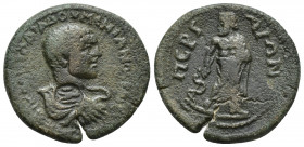 Pamphylia. Perge. Diadumenianus AD 218-218. Æ (27 mm., 11.3 g) Obv: M OΠЄΛ ANTΩ ΔIAΔOVMЄNIANOC KAIC. Laureate, draped and cuirassed bust right. Rev: Π...