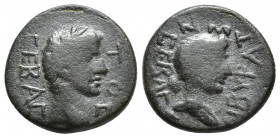 Phrygia, Cibyra; Tiberius (Augustus) (18mm, 4.7 g) Obverse: ΣΕΒΑΣΤΟΣ; laureate head of Tiberius, r. / Reverse: ΚΙΒΥΡΑΤWΝ ΣΕΒΑΣΤΗ; draped bust of Livia...