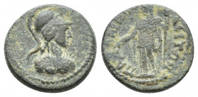 PISIDIA, Palaeopolis. 2nd-3rd centuries AD. Æ (14.8mm, 2.5 g ). Helmeted bust of Athena right, wearing aegis / Demeter standing left, holding grain-ea...