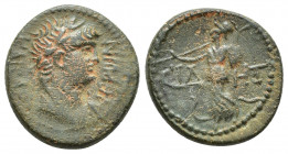 PAMPHYLIA. Side. Nero , 54-68. Hemiassarion (18 mm, 4.2g ). NEPωN KAICAP Bare-headed and draped bust of Nero to right. Rev. CIΔHT Athena advancing lef...