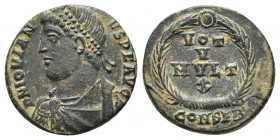 Jovian. AD 363-364. Æ (18mm, 3.1 g ). Constantinople mint, Diademed, draped, and cuirassed bust left / VOT/ V/ MVLT/ X in four lines within wreath; CO...