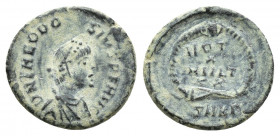 Theodosius I (379-395). Æ (14mm, 1.2g, ). Cyzicus, 378-383. Pearl-diademed, draped and cuirassed bust r. R/ VOT X MVLT XX in four lines; SMKΓ.