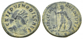 Crispus. Caesar. 316-326. Follis (19mm, 3.2 g). Rome. Struck 317. CRISPVS NOBIL CAES, bust of Crispus, laureate, cuirassed, right. Rev. PRINCIPIA IVVE...