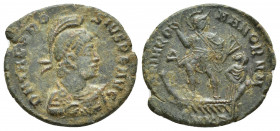 Theodosius I Æ23. Cyzicus, AD 378-383. (21mm, 4.7g )D N THEODOSIVS P F AVG, helmeted, pearl-diademed, draped and cuirassed bust right, right holding s...