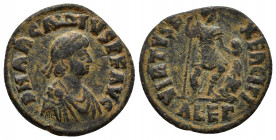 ARCADIUS. 383-408 AD. Æ (23mm, 4.5 gm). Alexandria mint. Struck 383-388 AD. Diademed, draped and cuirassed bust right / Arcadius standing right, holdi...