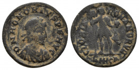 Honorius AD 393-423. Cyzicus Follis Æ (19mm., 4.3g.) D N HONORIVS P F AVG, Draped bust wearing pearl-diadem right / GLORIA ROMANORVM, Emperor standing...