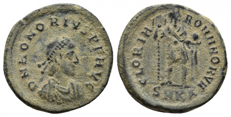 Honorius AD 393-423. Cyzicus Follis Æ (20mm., 4.6g.) D N HONORIVS P F AVG, Drape...