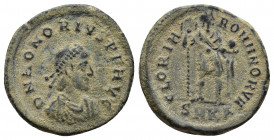 Honorius AD 393-423. Cyzicus Follis Æ (20mm., 4.6g.) D N HONORIVS P F AVG, Draped bust wearing pearl-diadem right / GLORIA ROMANORVM, Emperor standing...