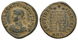 Constantius II (Caesar, 324-337). Æ (18mm, 3.2g ). Nicomedia, 324-5. Laureate, draped and cuirassed bust l. R/ Camp-gate with two turrets, star above;...