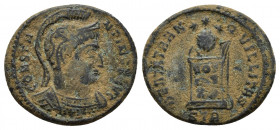 Constantine I Æ Nummus. Treveri, AD 322-323. (18mm, 3.2 g) CONSTANTINVS AVG, helmeted, cuirassed bust right / BEATA TRANQVILLITAS, globe on altar insc...
