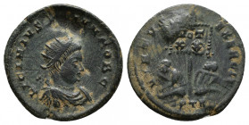 Licinius II, as Caesar, Æ Nummus. Treveri (Trier), AD 320. (19mm, 2.5g )LICINIVS NOB C, radiate, draped and cuirassed bust right / VIRTVS EXERCIT, sta...