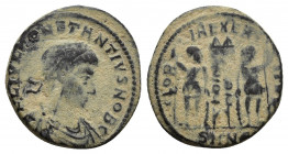 Constantius II, as Caesar AD 324-337. Nicomedia Follis Æ (17 mm, 2.5 g) FL IVL CONSTANTIVS NOB C, laureate draped bust right / GLOR-IA EXERC-ITVS, two...
