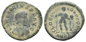 Honorius. AD 393-423. Æ Follis DN HONORIVS PF AVG. Pearl-diademed, draped and cuirassed bust right. / GLORIA ROMANORVM / SMKB. Honorius standing facin...