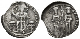 Andronicus II and Michael IX, 1295-1320 AD. AR Basilikon (21.5 mm, 1.9 gm). Christ enthroned / Two emperors standing, both holding labarum between.