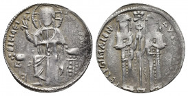 Andronicus II and Michael IX, 1295-1320 AD. AR Basilikon (20 mm, 2.00 gm). Christ enthroned / Two emperors standing, both holding labarum between.