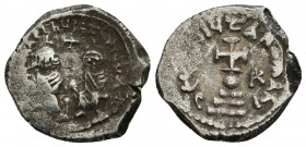 Heraclius with Heraclius Constantine AD 610-641. Constantinople Hexagram AR (20.6mm, 6.48g ) dd NN hERACLIUS Et hERA CONSt; enthroned draped and facin...