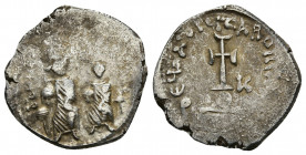 Heraclius with Heraclius Constantine AD 610-641. Constantinople Hexagram AR (21.2mm, 5.42g ) dd NN hERACLIUS Et hERA CONSt; enthroned draped and facin...